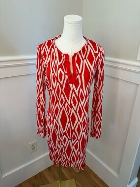 Diane von Furstenberg DVF Red Geometric Print Long Sleeve Shift Dress Size 8